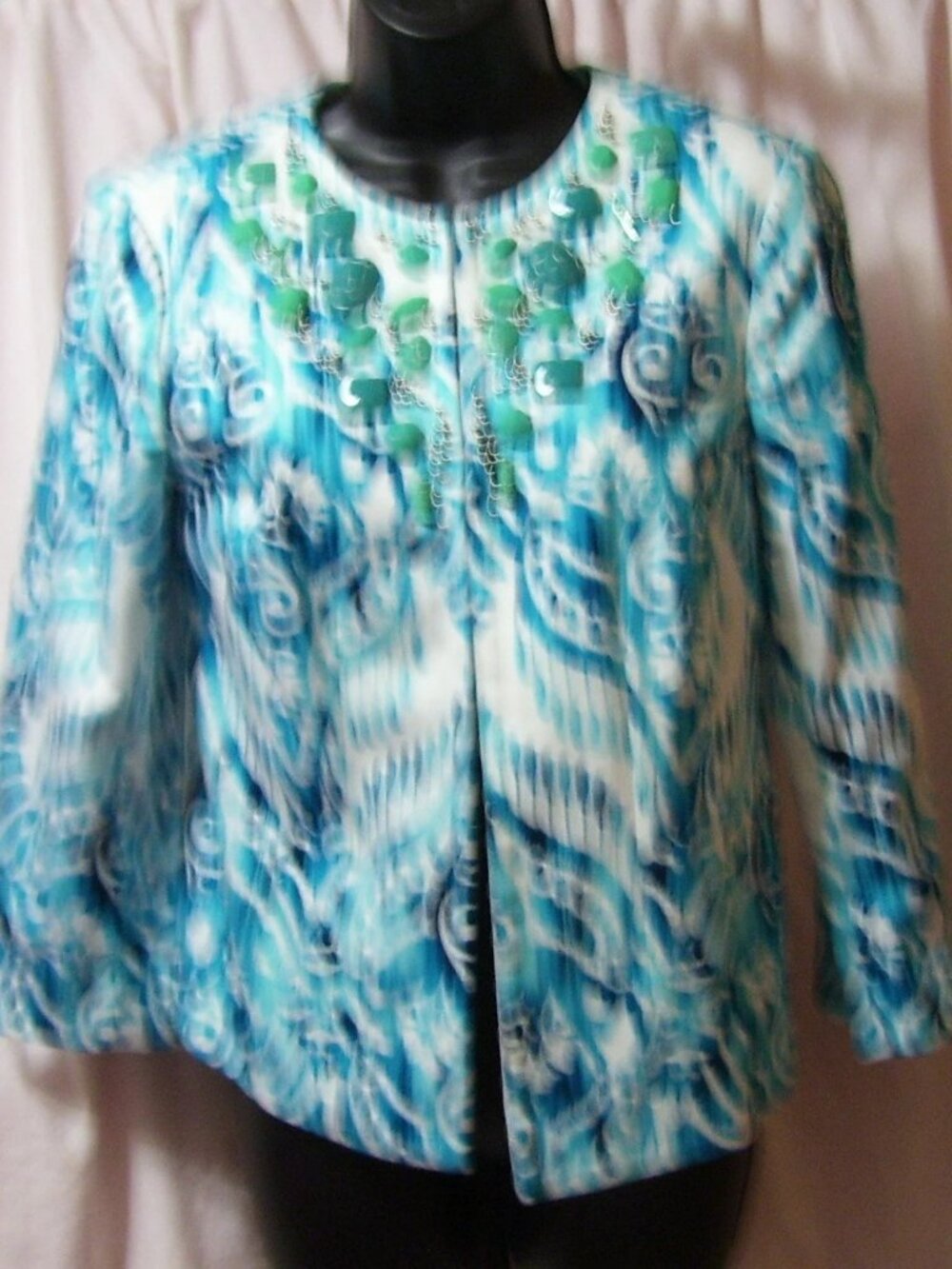 Peck & Peck Jacket, Turquoise Blue White Print, Beaded Stones,